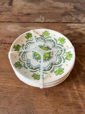 NEW Set of 4 Maxcera Shamrock St Patricks Appetizer Plates 6in Ceramic